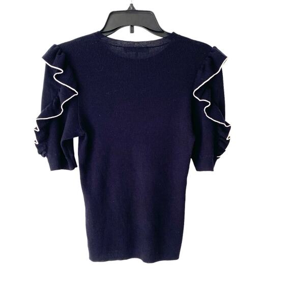 Frame Navy Blue White Wool Knit Sweater Ruffle Sleeve size medium - Picture 9 of 12